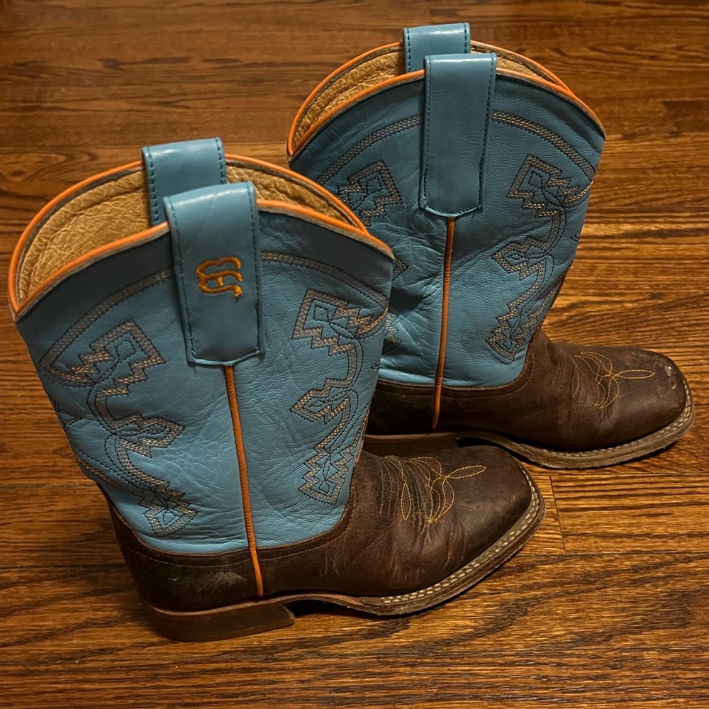 Anderson Bean Kids Chocolate and Teal Square Toe Cowboy Boot Leather